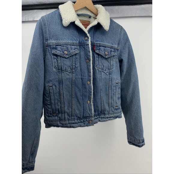 Levis Original Sherpa Lined Trucker Denim Jacket Button Snap Light Blue Womens S - Picture 8 of 11